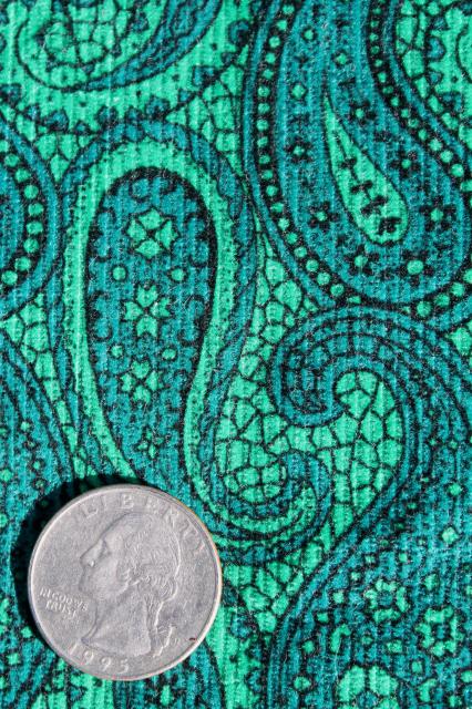 photo of 60s vintage cotton corduroy fabric, pincord pin wale soft cord w/ teal green paisley print #2