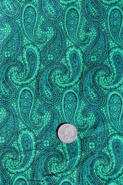 catalog photo of 60s vintage cotton corduroy fabric, pincord pin wale soft cord w/ teal green paisley print