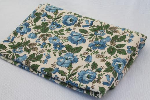 photo of 60s vintage cotton duck fabric, retro flowered print blue & green flowers on natural cotton #3