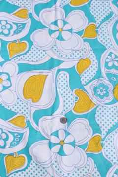 catalog photo of 60s vintage cotton fabric, aqua / yellow psychedelic zentangle style flowered print