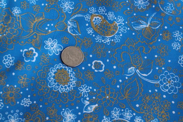 photo of 60s vintage cotton fabric, deep blue / metallic gold bohemian floral, J Manes print #1