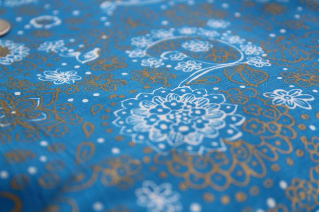 photo of 60s vintage cotton fabric, deep blue / metallic gold bohemian floral, J Manes print #2