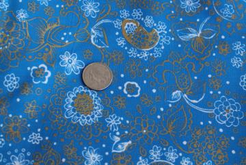 catalog photo of 60s vintage cotton fabric, deep blue / metallic gold bohemian floral, J Manes print