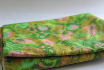 catalog photo of 60s vintage cotton fabric, feather plumes print in shocking pink, green, gold