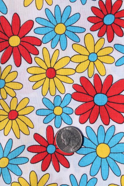 photo of 60s vintage cotton fabric w/ flower power daisy print in aqua, red, yellow #1