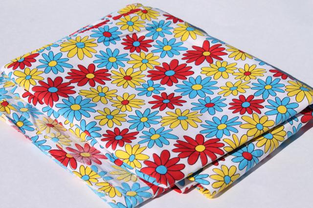 photo of 60s vintage cotton fabric w/ flower power daisy print in aqua, red, yellow #3