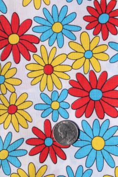 catalog photo of 60s vintage cotton fabric w/ flower power daisy print in aqua, red, yellow