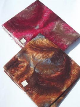 catalog photo of 60s vintage cotton fabric in wine & tan colorways, feather print abstract