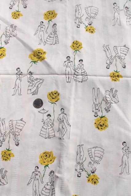 photo of 60s vintage cotton fabric, novelty print Spanish dancers & yellow roses  #1