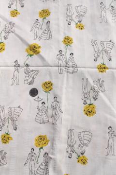 catalog photo of 60s vintage cotton fabric, novelty print Spanish dancers & yellow roses 