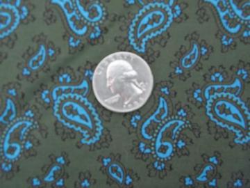 catalog photo of 60s vintage cotton fabric, paisley print in aqua on pine green