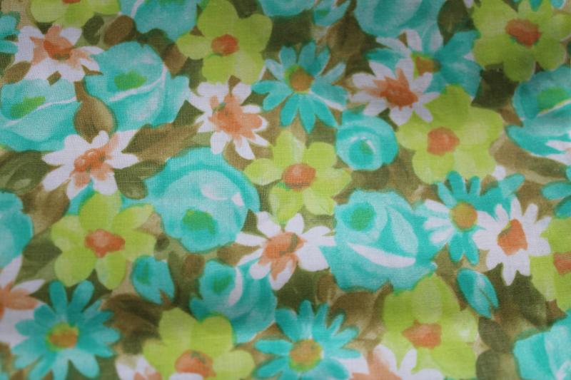 photo of 60s vintage cotton fabric, watercolor floral print aqua & yellow green, olive #1