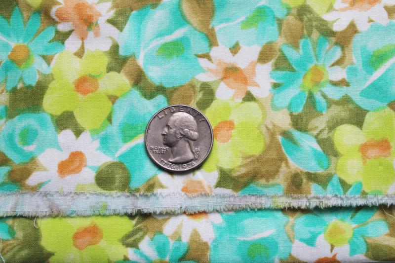 photo of 60s vintage cotton fabric, watercolor floral print aqua & yellow green, olive #2