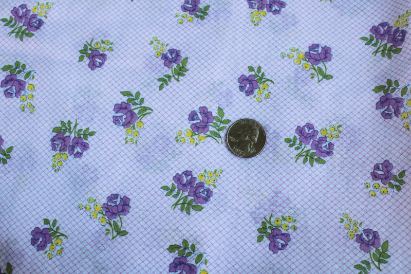 photo of 60s vintage cotton or poly blend fabric, purple & yellow floral retro granny chic #1