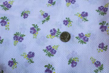 catalog photo of 60s vintage cotton or poly blend fabric, purple & yellow floral retro granny chic