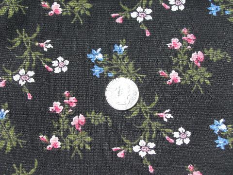 photo of 60s vintage cotton print fabric, retro flowers in pink & blue on black #1