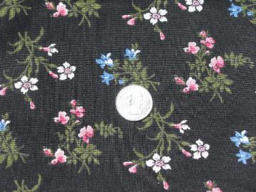 catalog photo of 60s vintage cotton print fabric, retro flowers in pink & blue on black