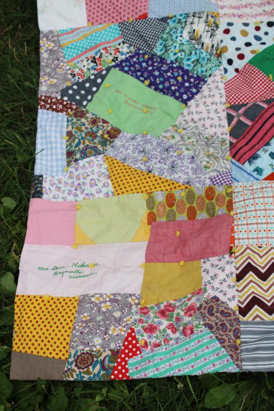 photo of 60s vintage crazy quilt patchwork friendship quilt, bright colors print cotton fabrics #2