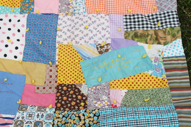 photo of 60s vintage crazy quilt patchwork friendship quilt, bright colors print cotton fabrics #6