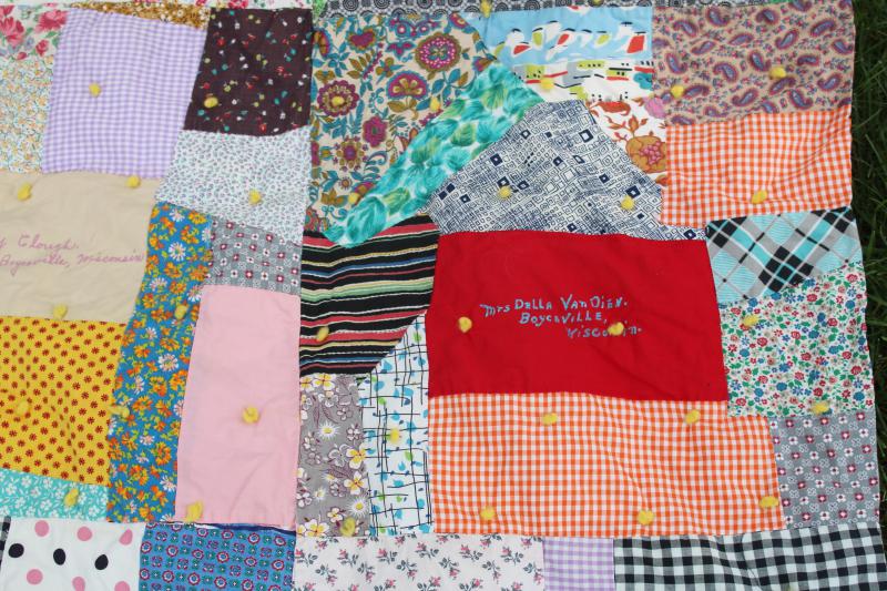 photo of 60s vintage crazy quilt patchwork friendship quilt, bright colors print cotton fabrics #7