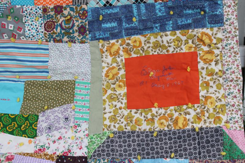photo of 60s vintage crazy quilt patchwork friendship quilt, bright colors print cotton fabrics #8