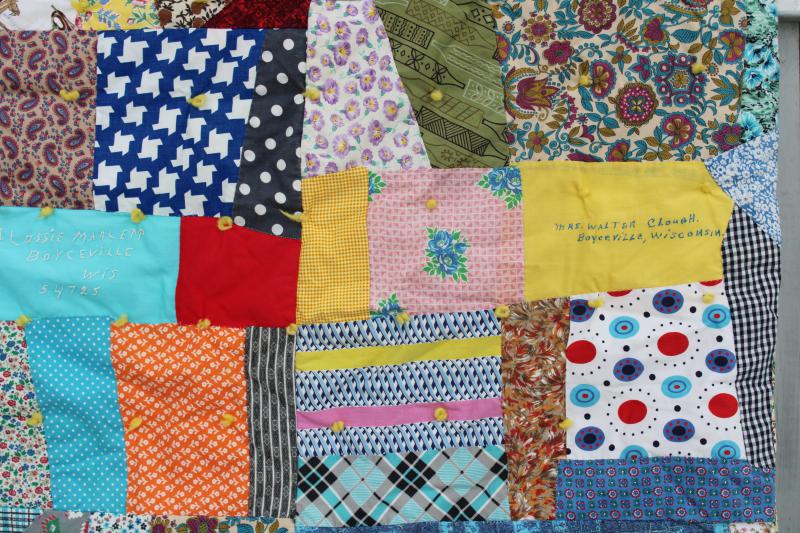 photo of 60s vintage crazy quilt patchwork friendship quilt, bright colors print cotton fabrics #9