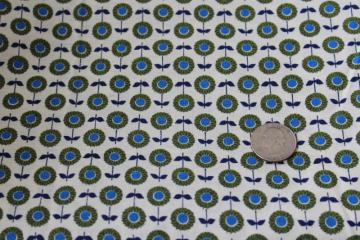 catalog photo of 60s vintage daisy or sunflower print fabric, retro blue & green flowers