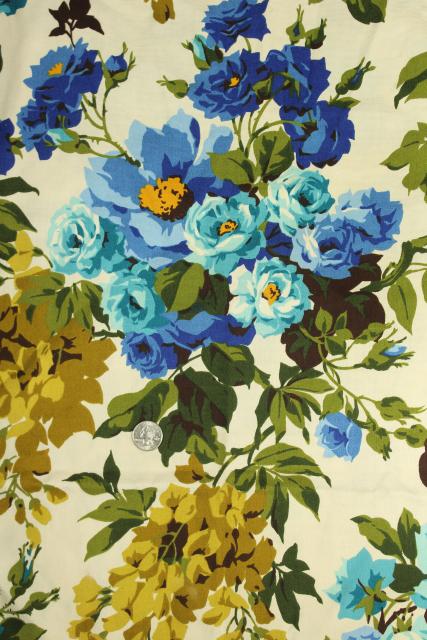 photo of 60s vintage decorator fabric sample, cotton w/ floral print green gold & blue #2