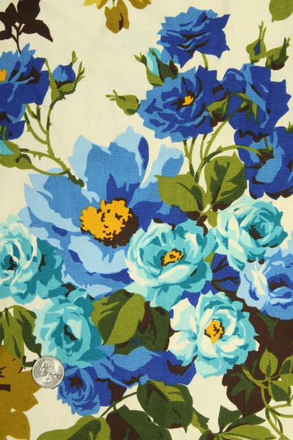 photo of 60s vintage decorator fabric sample, cotton w/ floral print green gold & blue #3