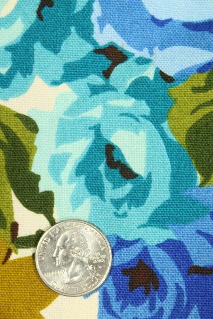 photo of 60s vintage decorator fabric sample, cotton w/ floral print green gold & blue #4