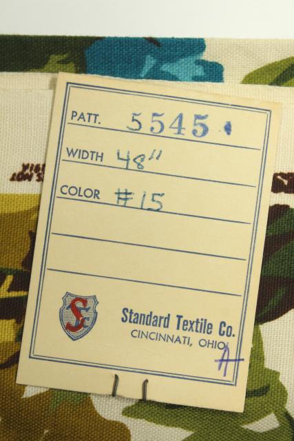 photo of 60s vintage decorator fabric sample, cotton w/ floral print green gold & blue #5