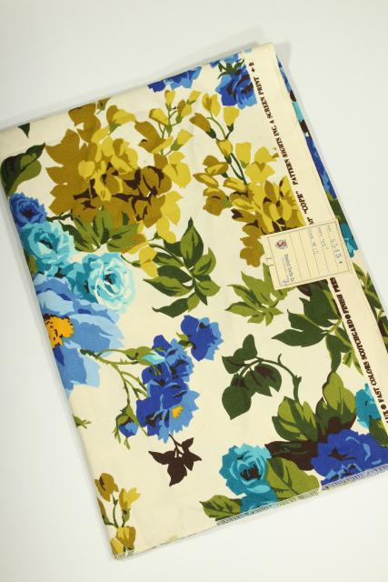 photo of 60s vintage decorator fabric sample, cotton w/ floral print green gold & blue #6