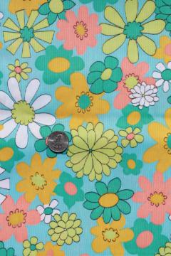 catalog photo of 60s vintage fabric, flower power daisy flowered print in retro mod colors