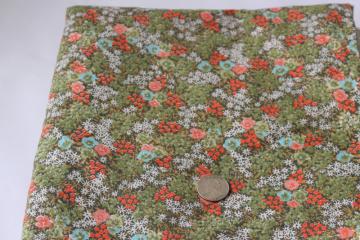 catalog photo of 60s vintage fabric, pansies floral print soft light cotton lawn green / coral / aqua