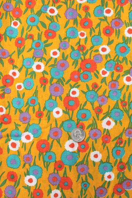 photo of 60s vintage fabric, retro flowered print cotton w/ flowers on mustard gold #1