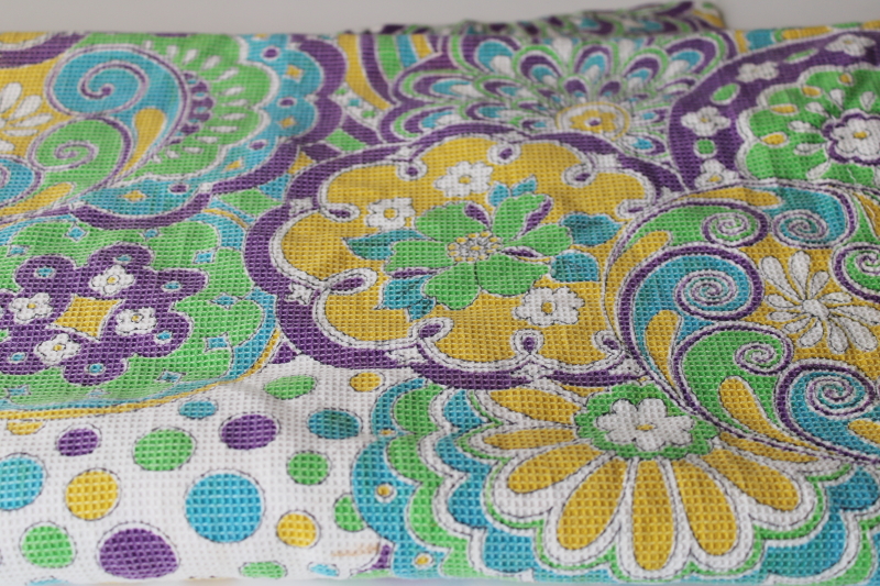 photo of 60s vintage fabric, soft waffle weave cotton w/ mod print paisley swirl flowers #1