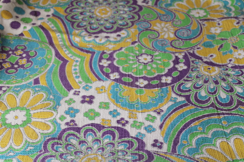 photo of 60s vintage fabric, soft waffle weave cotton w/ mod print paisley swirl flowers #3