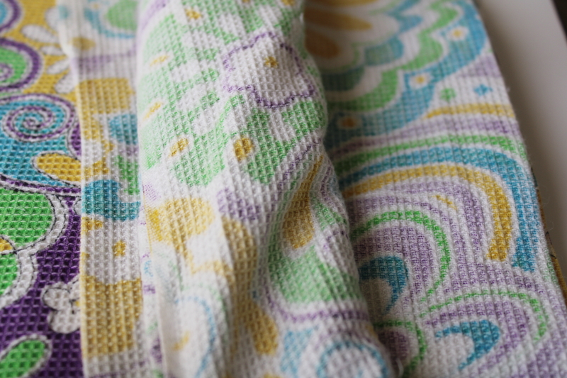 photo of 60s vintage fabric, soft waffle weave cotton w/ mod print paisley swirl flowers #4