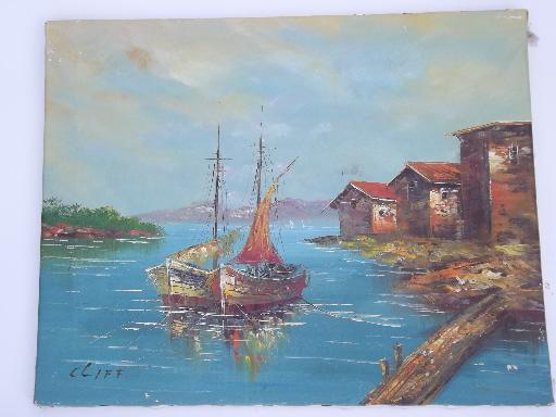 photo of 60s vintage factory art seascape w/ boats, souvenir oil painting on canvas #1