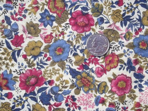 photo of 60s vintage floral print cotton fabric, wine pink, blue, gold tan on cream #1