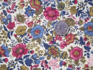 catalog photo of 60s vintage floral print cotton fabric, wine pink, blue, gold tan on cream