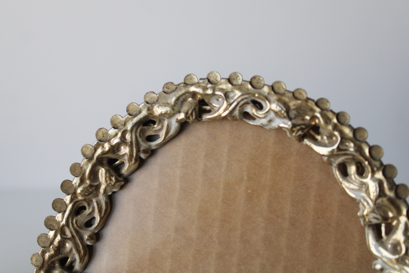 photo of 60s vintage gold metal oval picture frame, fancy photo frame w/ easel stand #2