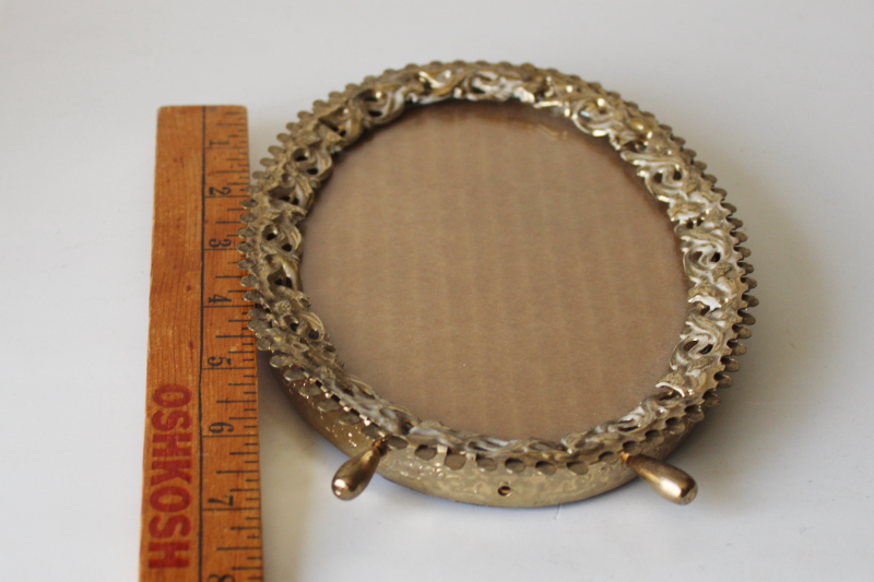 photo of 60s vintage gold metal oval picture frame, fancy photo frame w/ easel stand #5
