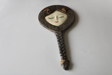 catalog photo of 60s vintage hand mirror, flirty young girl face w/ long braid hair