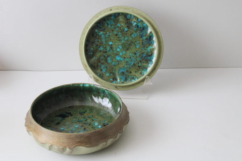 photo of 60s vintage handmade ceramic ashtray or round box w/ mod glaze green & blue #1