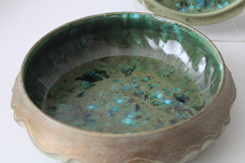 photo of 60s vintage handmade ceramic ashtray or round box w/ mod glaze green & blue #2