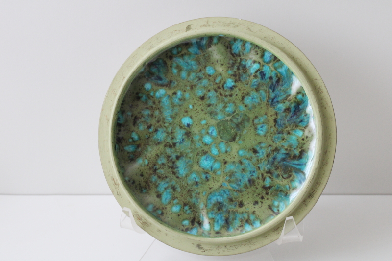 photo of 60s vintage handmade ceramic ashtray or round box w/ mod glaze green & blue #3