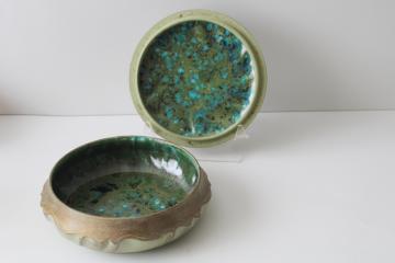 60s vintage handmade ceramic ashtray or round box w/ mod glaze green & blue