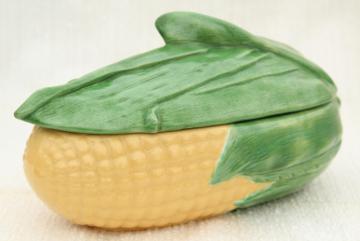catalog photo of 60s vintage handmade ceramic corn dish, cornware covered bowl for sweet corn or casserole