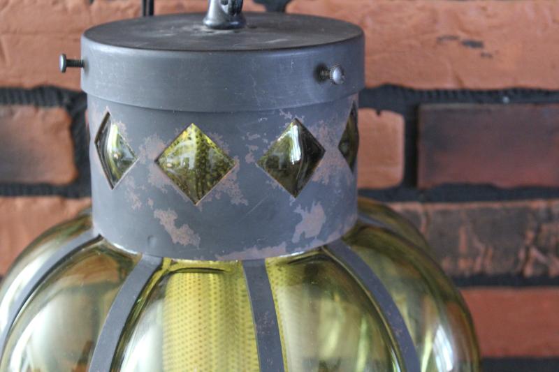 photo of 60s vintage hanging light pendant, green glass lantern w/ black iron chain swag lamp #2